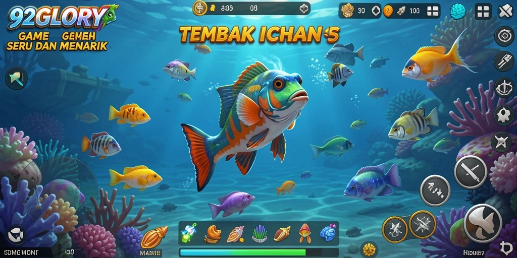 Screenshot utama game 92GLORY menampilkan aksi menembak ikan yang mengasyikkan.